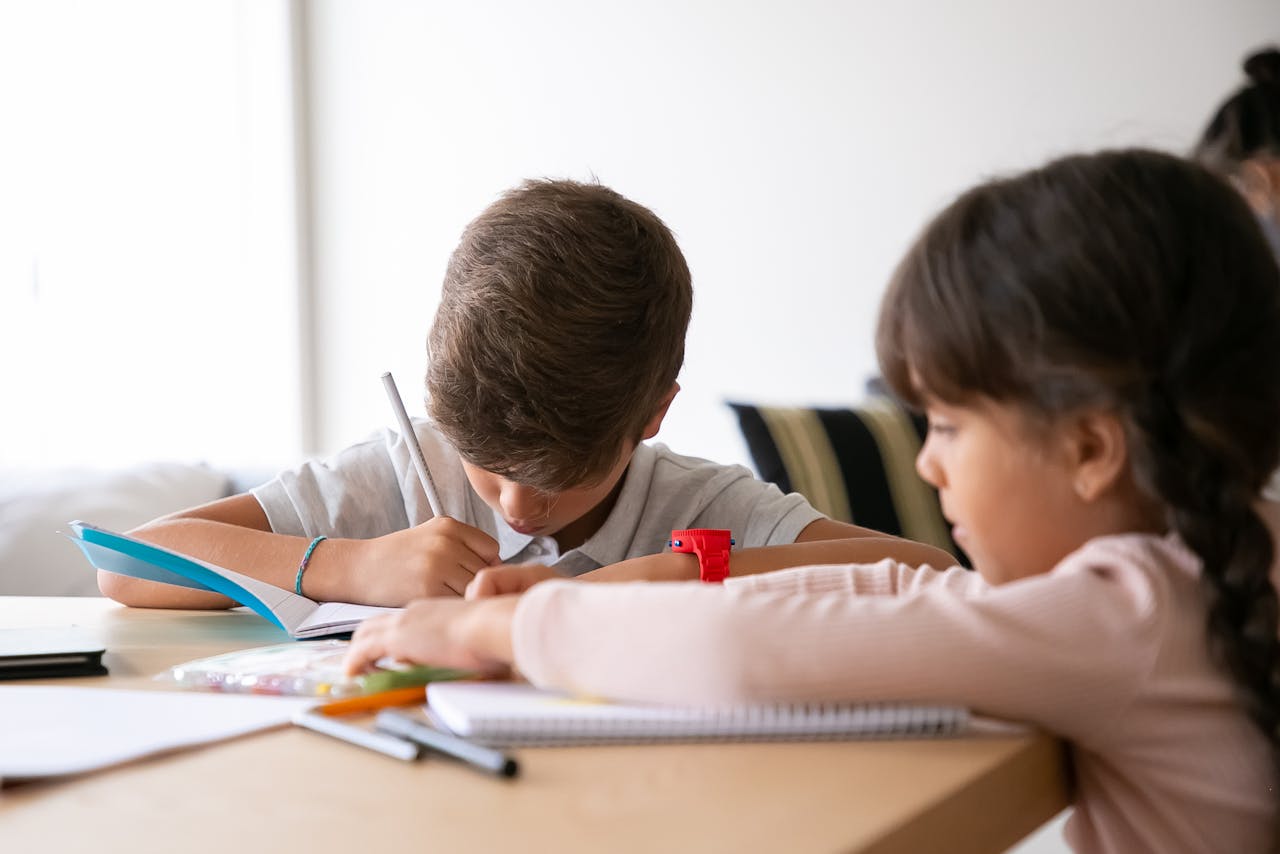 Two children engaging in home study, highlighting education and concentration at home.